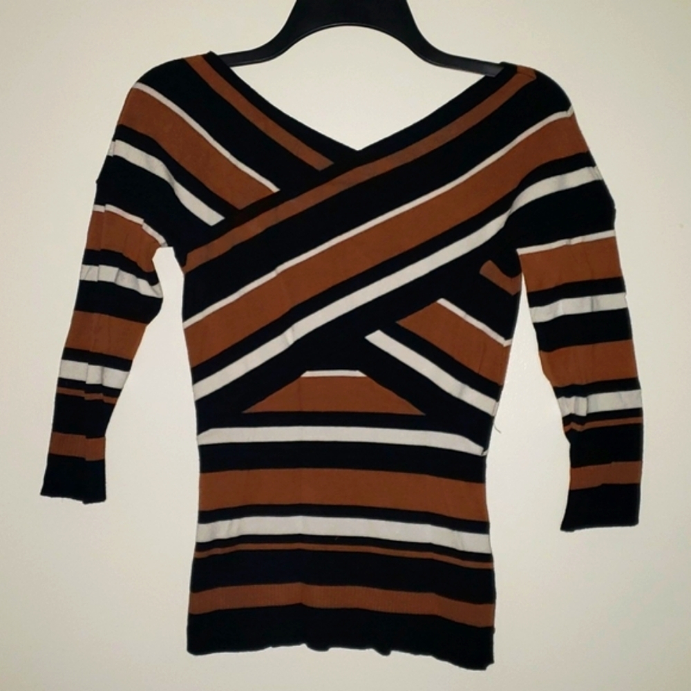 New York & Company Dressy top. Brown,black and white stripes.